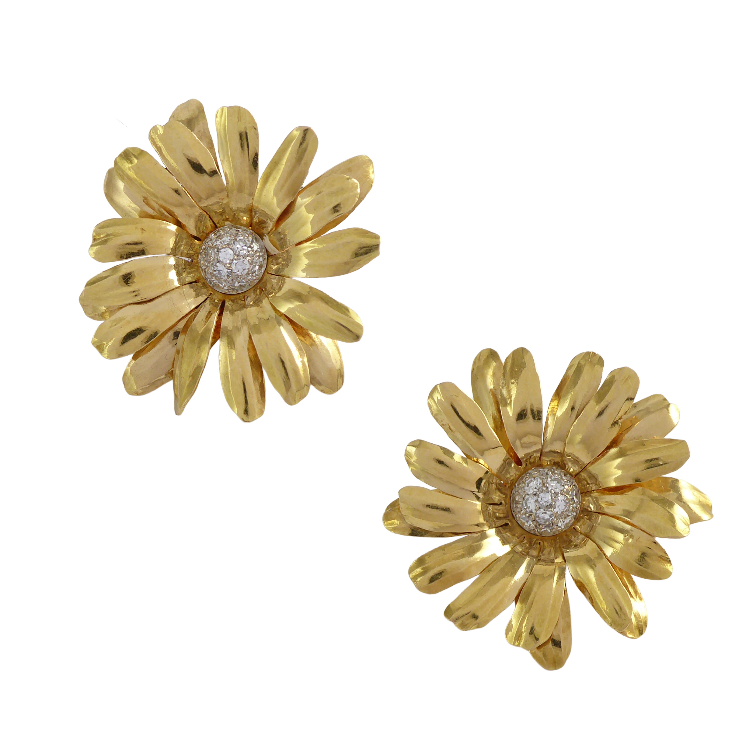 Pair of gold and diamond daisy flower clip earrings by Cartier, Paris,